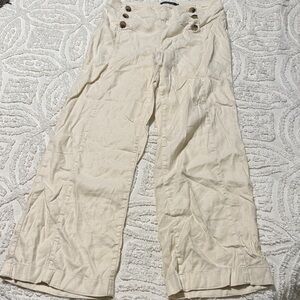 Level 99 Beige High-Rise Wide Leg Linen Blend Pants with Sailor Button Detail